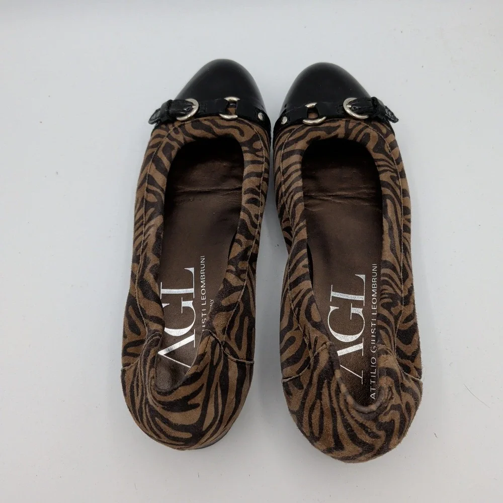 AGL Monica Ballet Flats Zebra Print Cap Toe Ballet Flats Brown Black 38 Womens 8